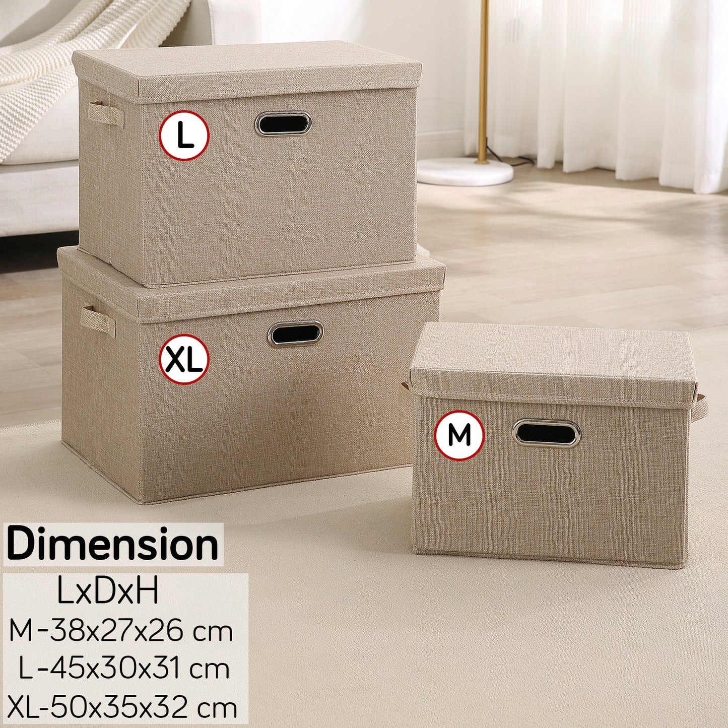 Multipurpose Foldable Storage Box with Lid, Medium / Large / Extra Large, Beige