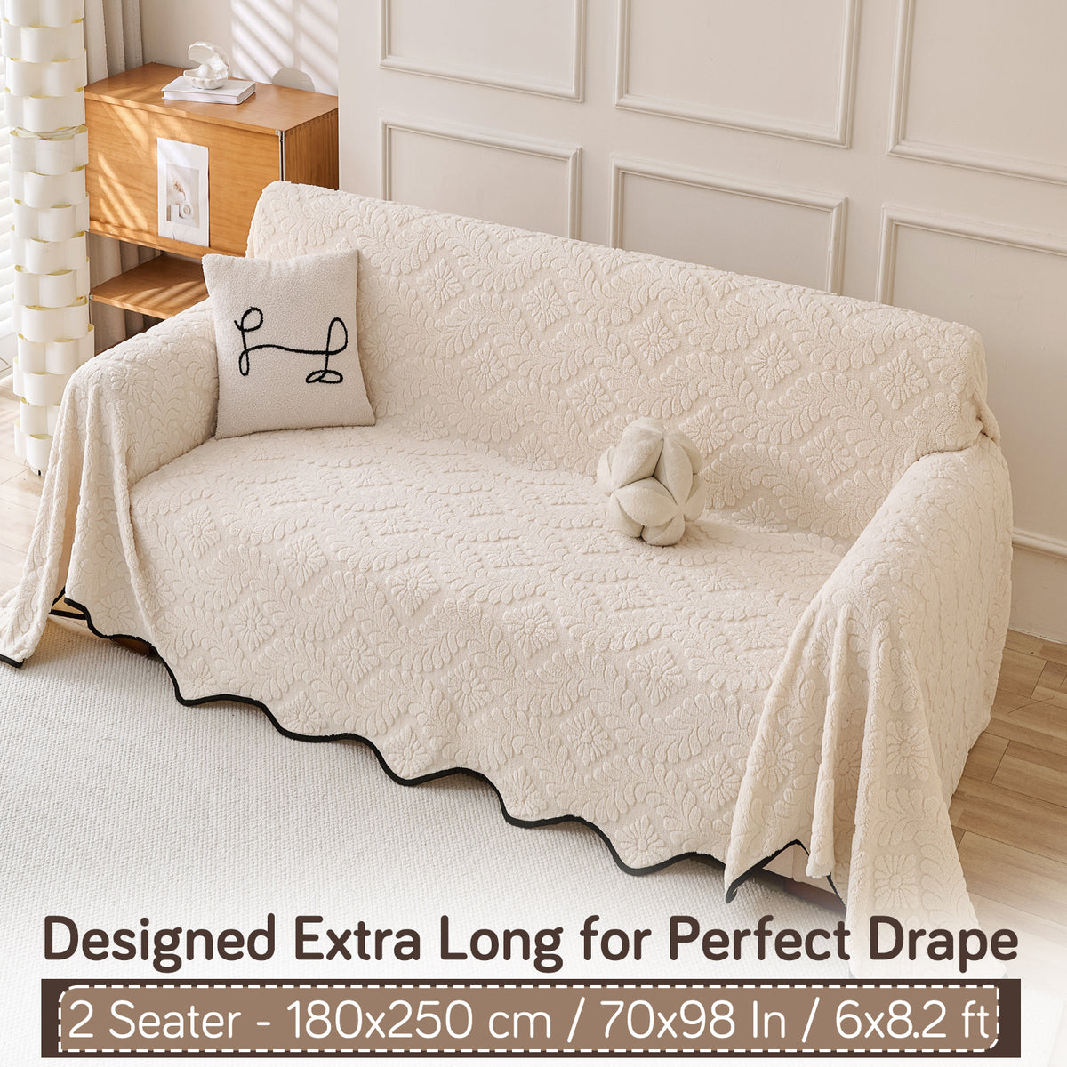 Buy Light Cream Colour Wavy Petal Crest Series Plush Sofa Throw – 2 Seater Sofas | HOKIPO