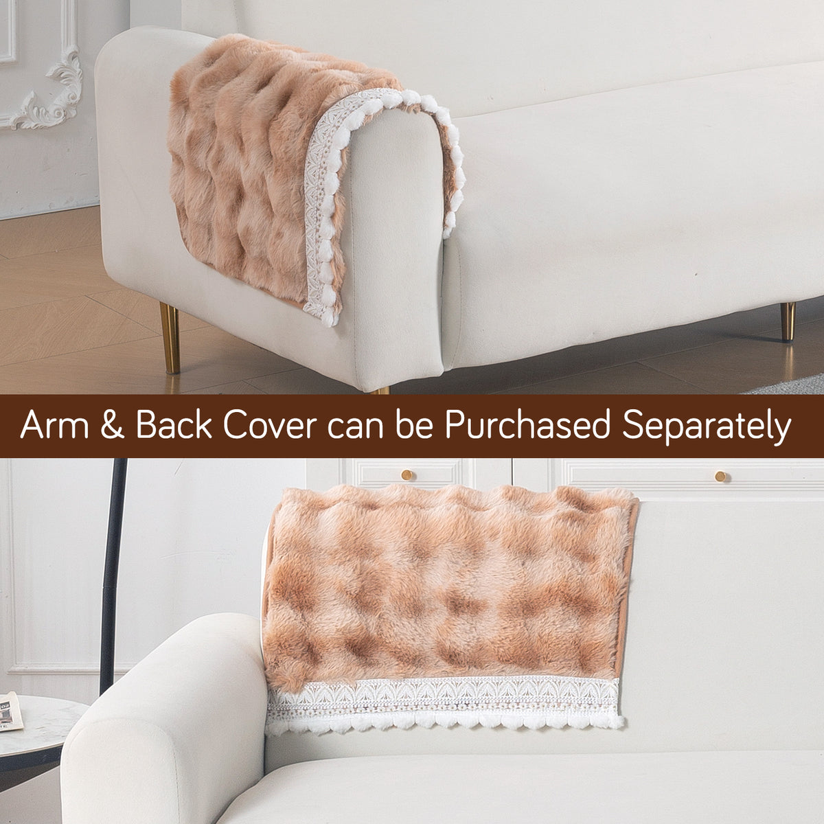 Faux Rabbit Fur Sofa Cover with Lace |Gradient Rabbit Plush, Brown