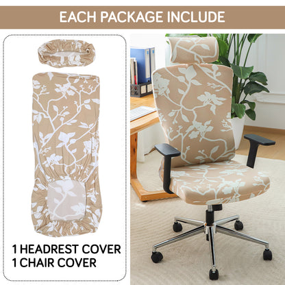 Printed Office Chair Cover with Headrest (High-Back) – 140 GSM Stretch Fabric – Washable, Anti-Slip Fit for Ergonomic Mesh Office Chairs,Buff Brown Sillehoute Floral