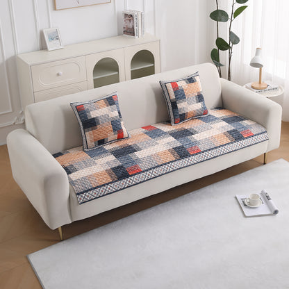 LiefNest Printed Holland Velvet Sofa Mat with Foam Filling - Urban Grid Multicolor for 1/2/3 Seater & Armrest