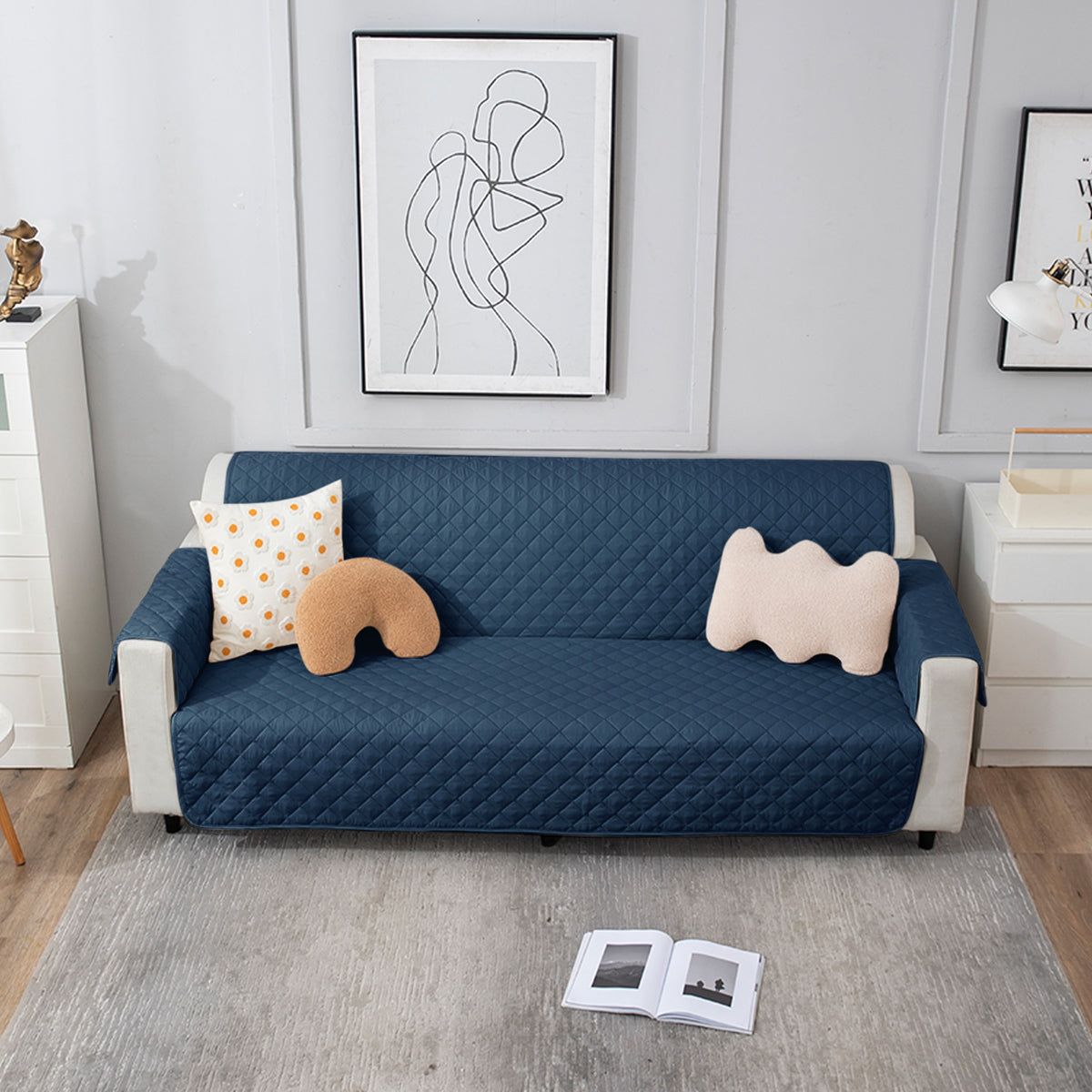 3 seater Navy Blue quilted sofa ke cover