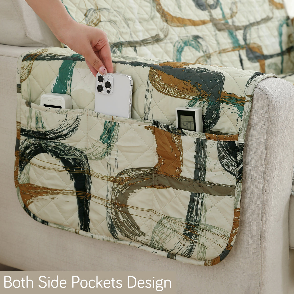 Waterproof & Quick-Dry Quilted Sofa Cover with Pockets on Armrest, Parchement Beige Abstract Art