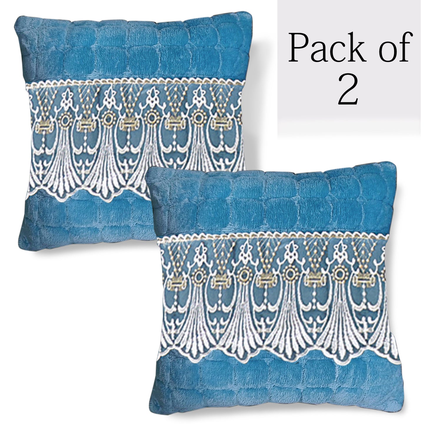 Premium Milk Velvet Sofa Cushion Cover with Lace Design, Celdaon Blue