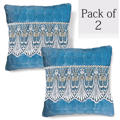 Premium Milk Velvet Sofa Cushion Cover with Lace Design, Celdaon Blue
