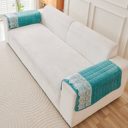 BelleLace Series Imperial Milk Velvet Sofa Cover Mat with Lace Design - Teal