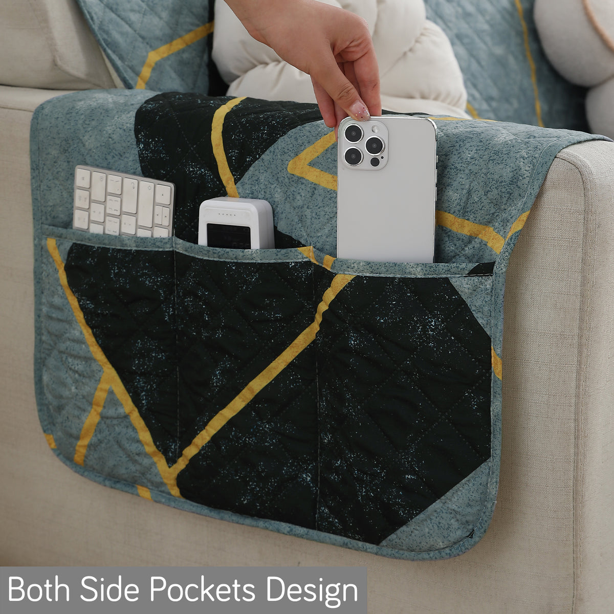 Waterproof & Quick-Dry Quilted Sofa Cover with Pockets on Armrest, Multicolor Abstract Geometry