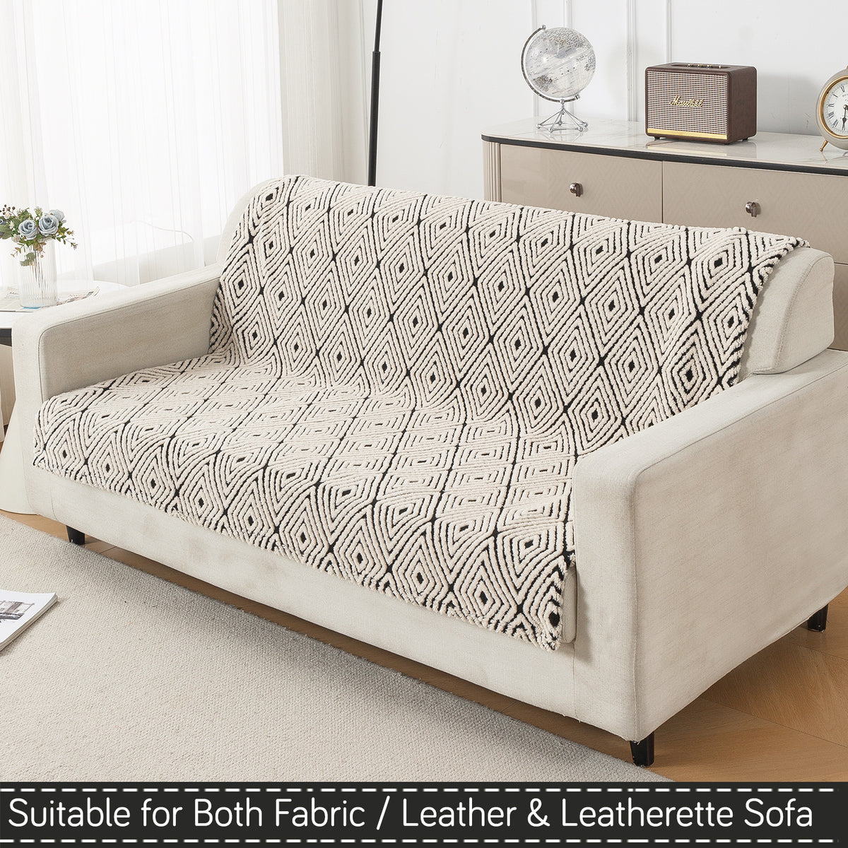 'Noirea Series' Plush Sofa Cover for Seat & Back, Geometric Diamond