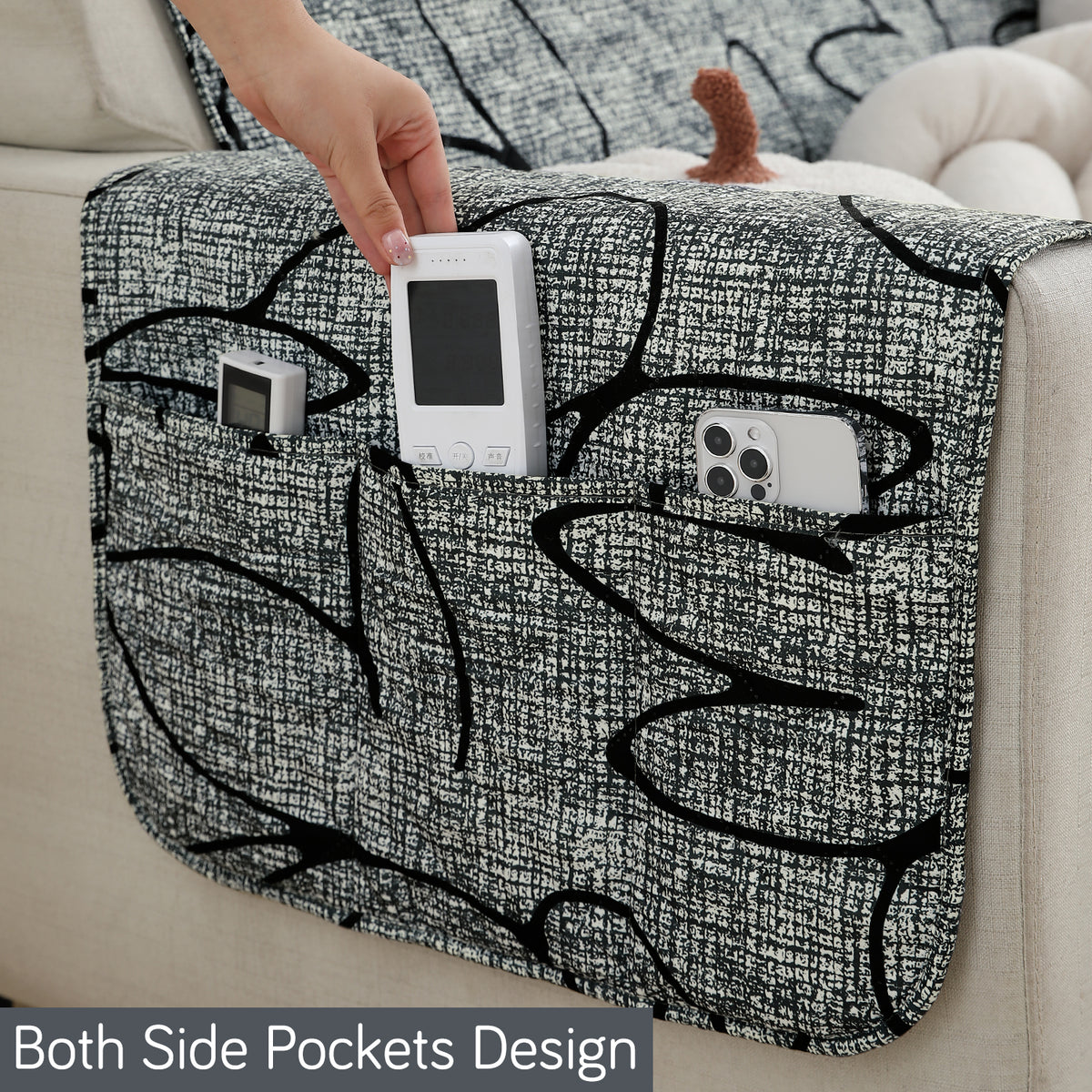 Waterproof & Quick-Dry Quilted Sofa Cover with Pockets on Armrest, Intense Grey Abstract Floral