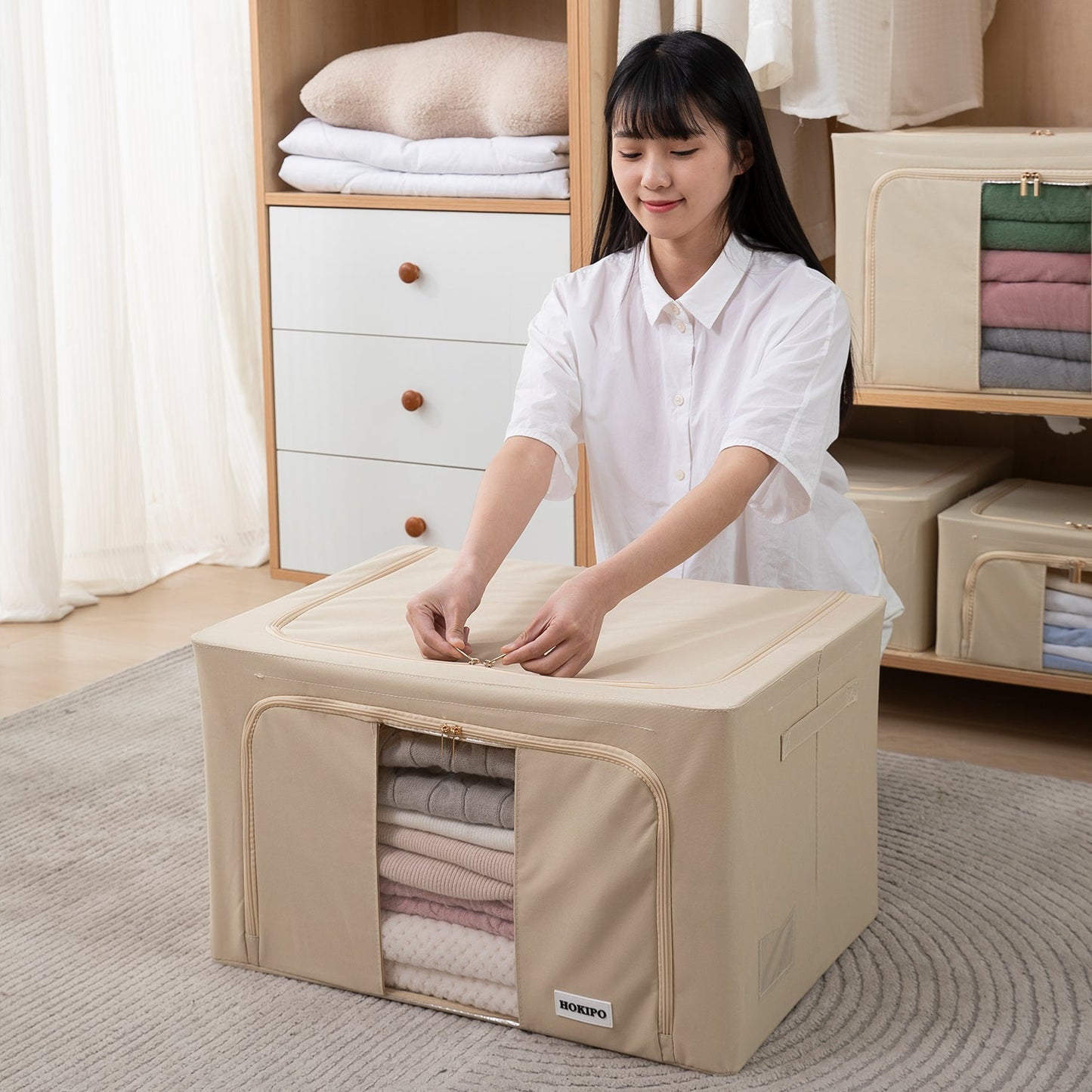 Wardrobe Organizer Underbed Storage Zippered Cloth Box, 24 ltr / 44 ltr / 66 ltr / 88 ltr, Beige
