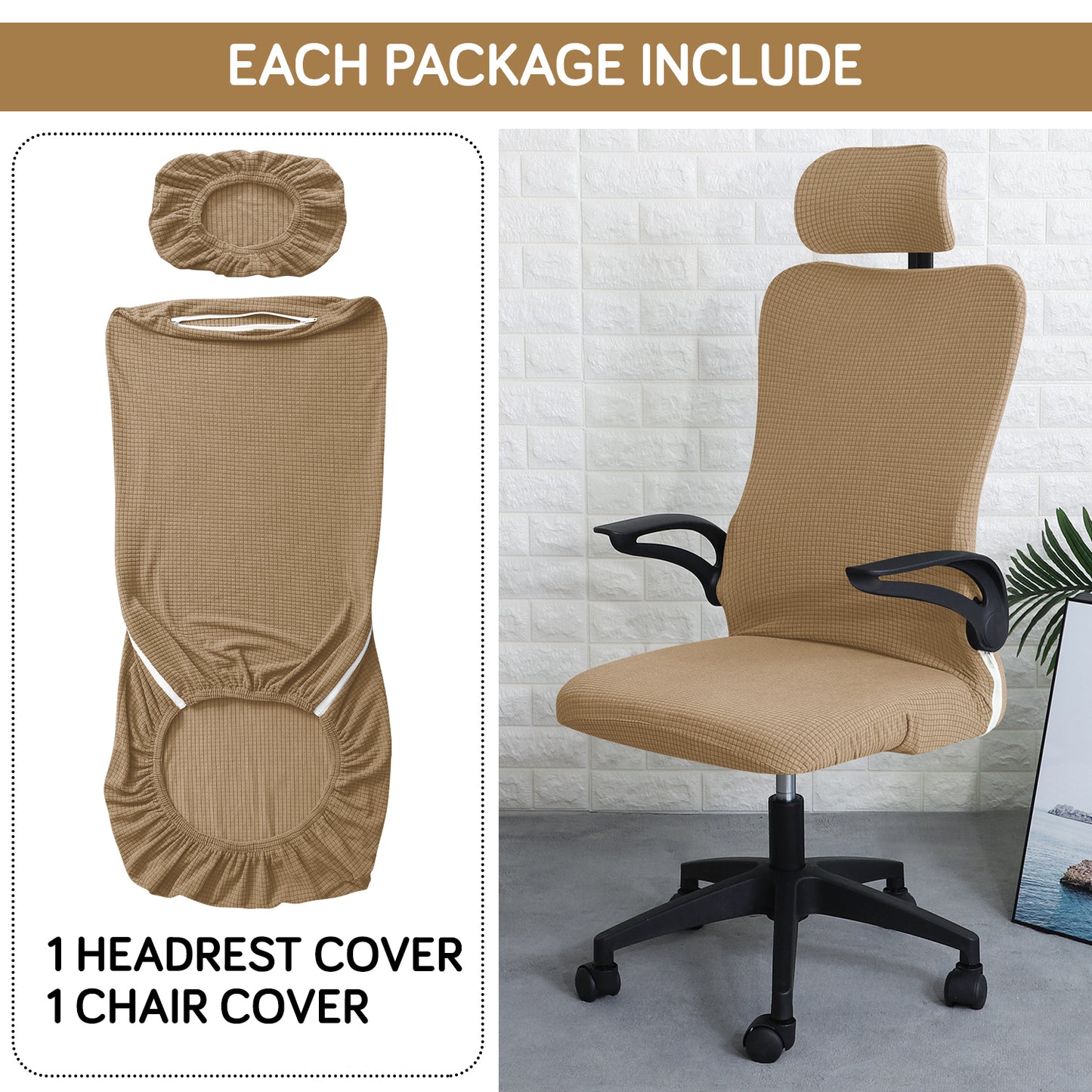 Water Repellent Office Chair Cover with Headrest (High-Back) – 210 GSM Stretch Jacquard – Washable, Anti-Slip Fit for Ergonomic Mesh Office Chairs, Light Brown
