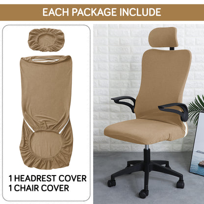 Water Repellent Office Chair Cover with Headrest (High-Back) – 210 GSM Stretch Jacquard – Washable, Anti-Slip Fit for Ergonomic Mesh Office Chairs, Light Brown