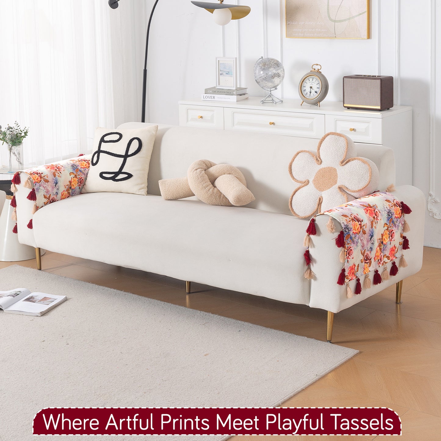'Whispers of Nature' Series Holland Velvet Sofa Mat with Tassel, Vintage Rose Bloom
