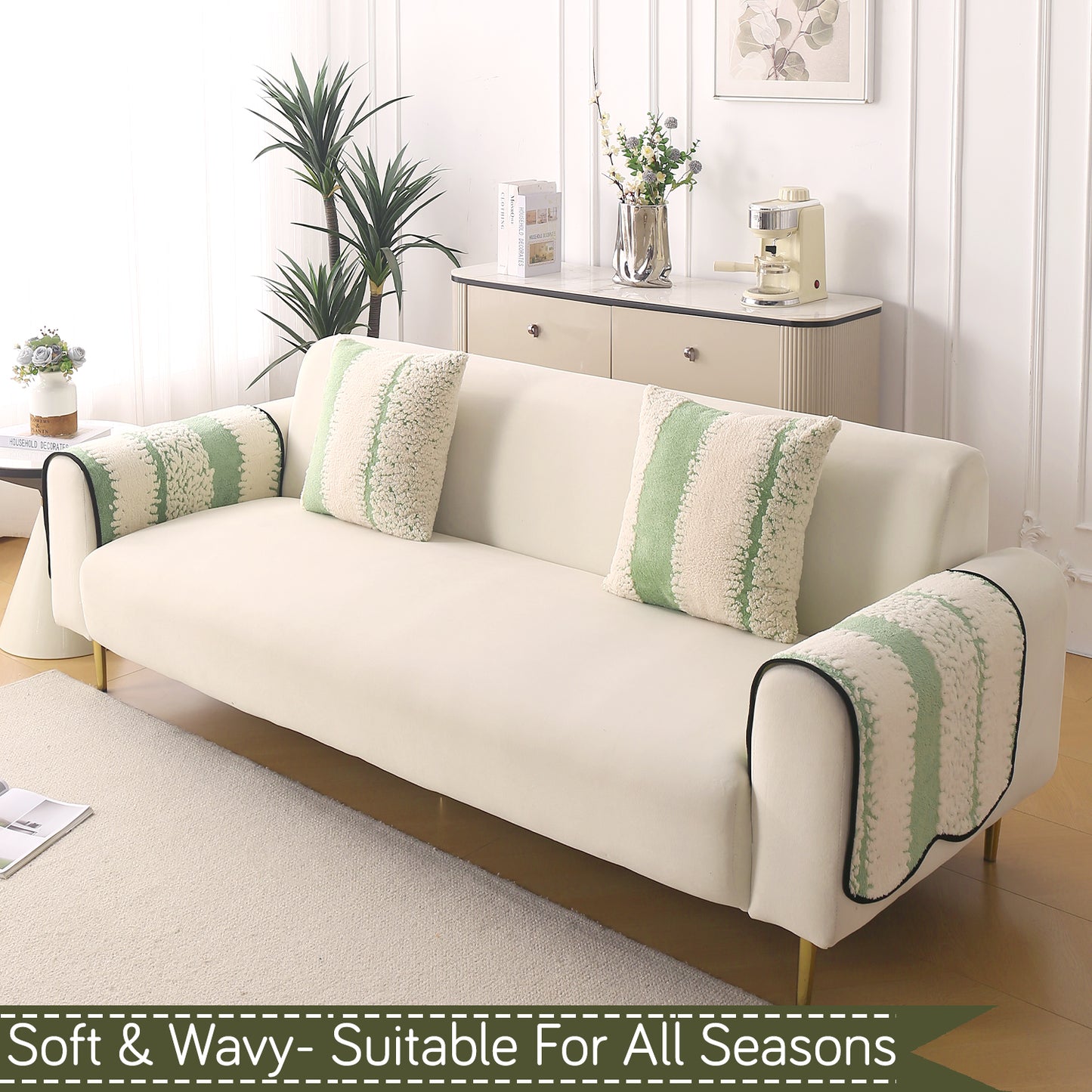 Luxury Wavy Plush Anti-Slip Sofa Cover Mats - Pistachio Green