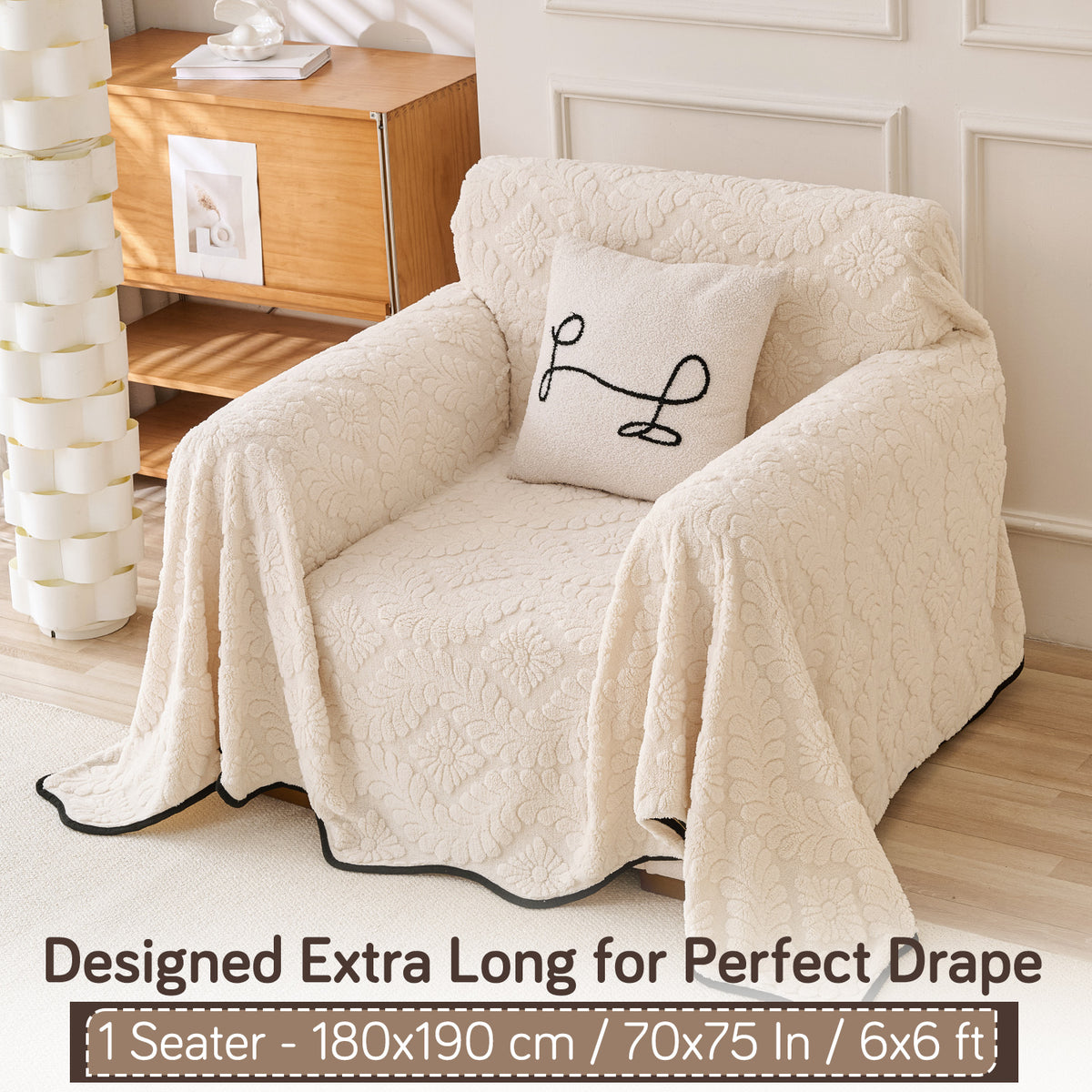Buy Light Cream Colour Wavy Petal Crest Series Plush Sofa Throw – 1 Seater Sofas | HOKIPO