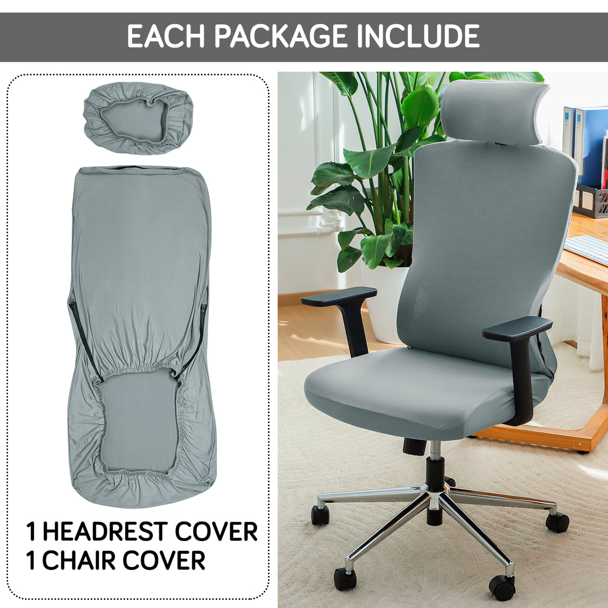 Office Chair Cover with Headrest (High-Back) – 140 GSM Stretch Fabric – Washable, Anti-Slip Fit for Ergonomic Mesh Office Chairs, Smokey Grey