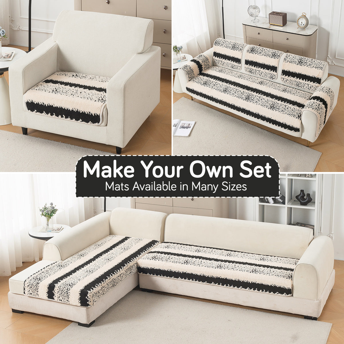 Luxury Plush Sherpa Anti-Slip Sofa Cover Mat, 'Noirea Series'| Textured Stripe