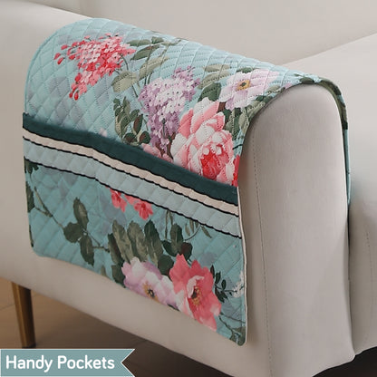LiefNest Printed Holland Velvet Sofa Mat with Foam Filling - Fresh Floral Pastel Blue for 1/2/3 Seater & Armrest