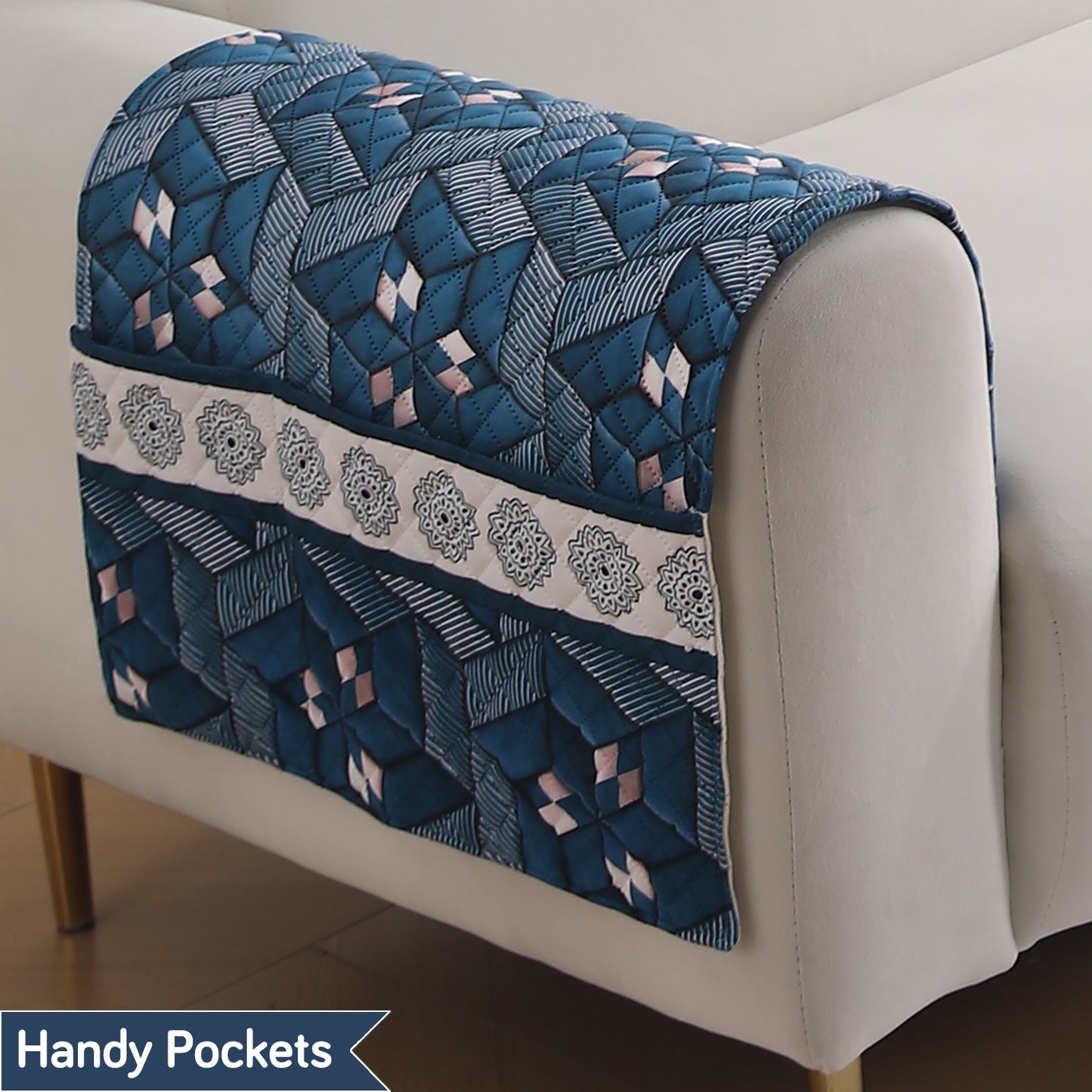 LiefNest Holland Velvet Sofa Cover Mat with Foam Filling - Geometric Floral Oriental Blue