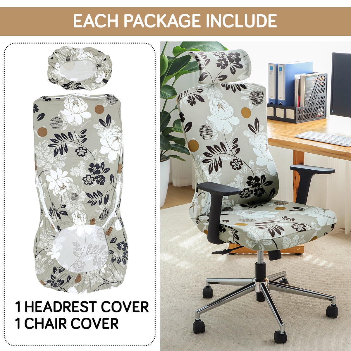 Printed Office Chair Cover with Headrest (High-Back) – 140 GSM Stretch Fabric – Washable, Anti-Slip Fit for Ergonomic Mesh Office Chairs, Feather Brown Floral