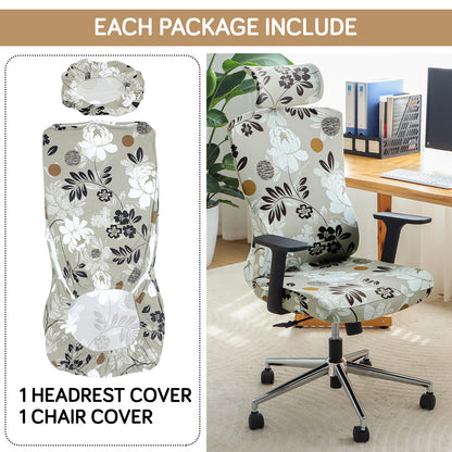 Printed Office Chair Cover with Headrest (High-Back) – 140 GSM Stretch Fabric – Washable, Anti-Slip Fit for Ergonomic Mesh Office Chairs, Feather Brown Floral
