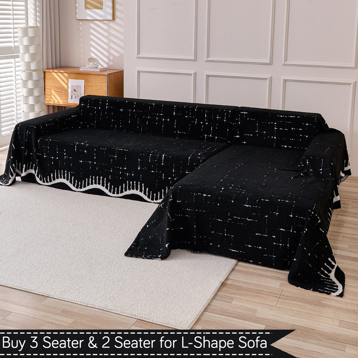 Buy Black Supple Soft Wavy Plush Sofa Cover for L-shape Sofas - 3 & 2 Seater Sofa Sets | HOKIPO