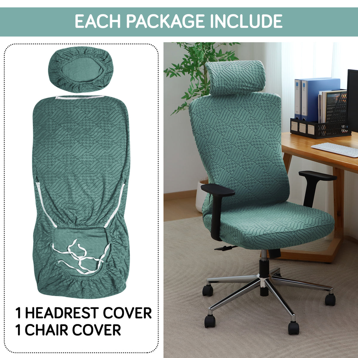 Office Chair Cover with Headrest (High-Back) – 170 GSM Stretch Jacquard – Washable, Anti-Slip Fit for Ergonomic Mesh Office Chairs, Green