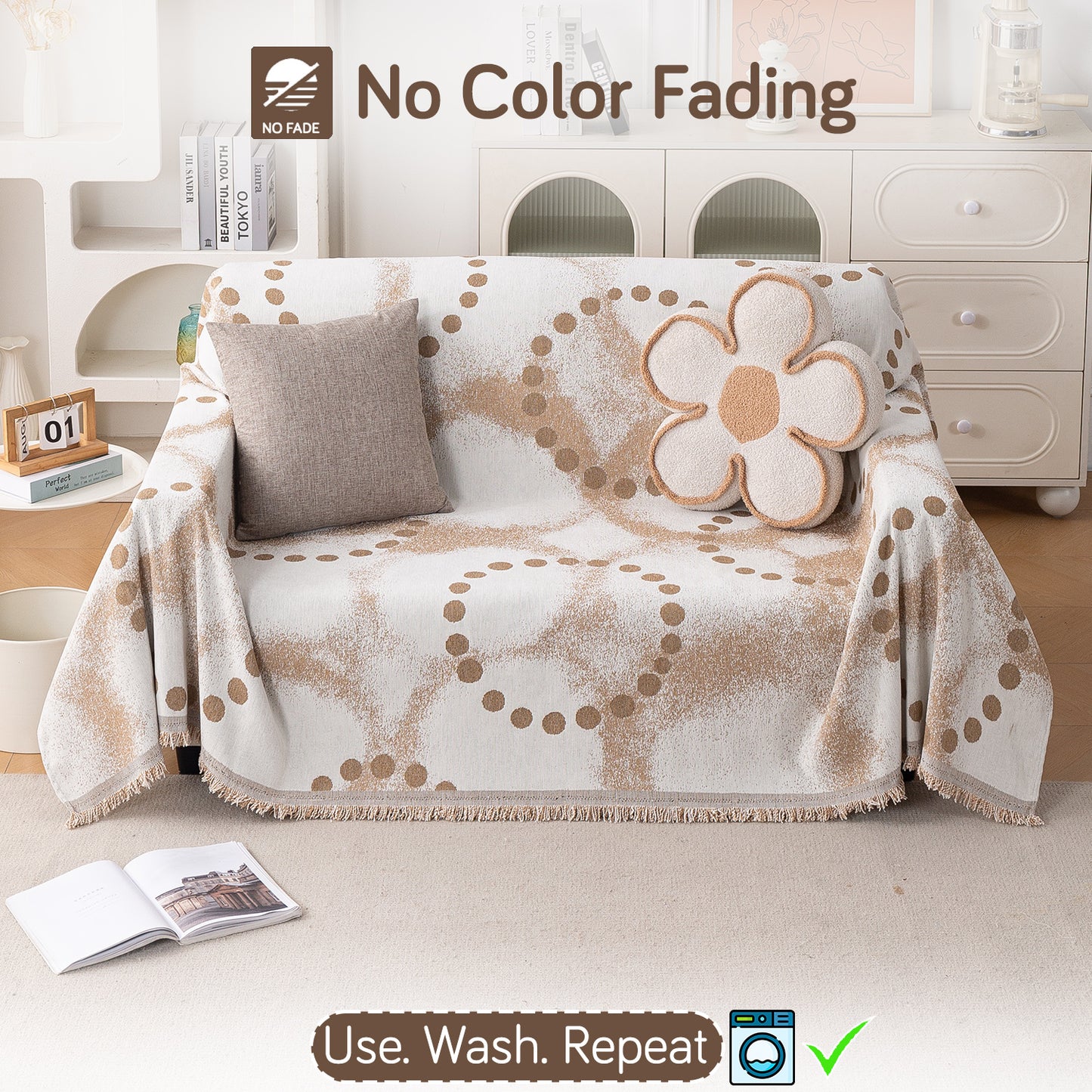 HOKIPO Premium 320 GSM Chenille Sofa Cover All Season 'Serene Abode Series', Latte Dotted Wave