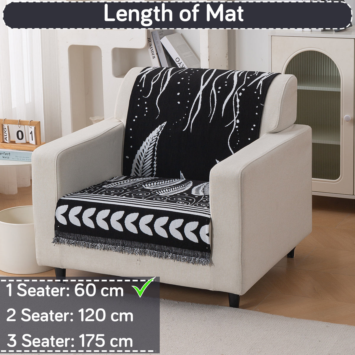 Premium 320 GSM Chenille Sofa Cover 'Serene Abode Series', Black Fern Tribal