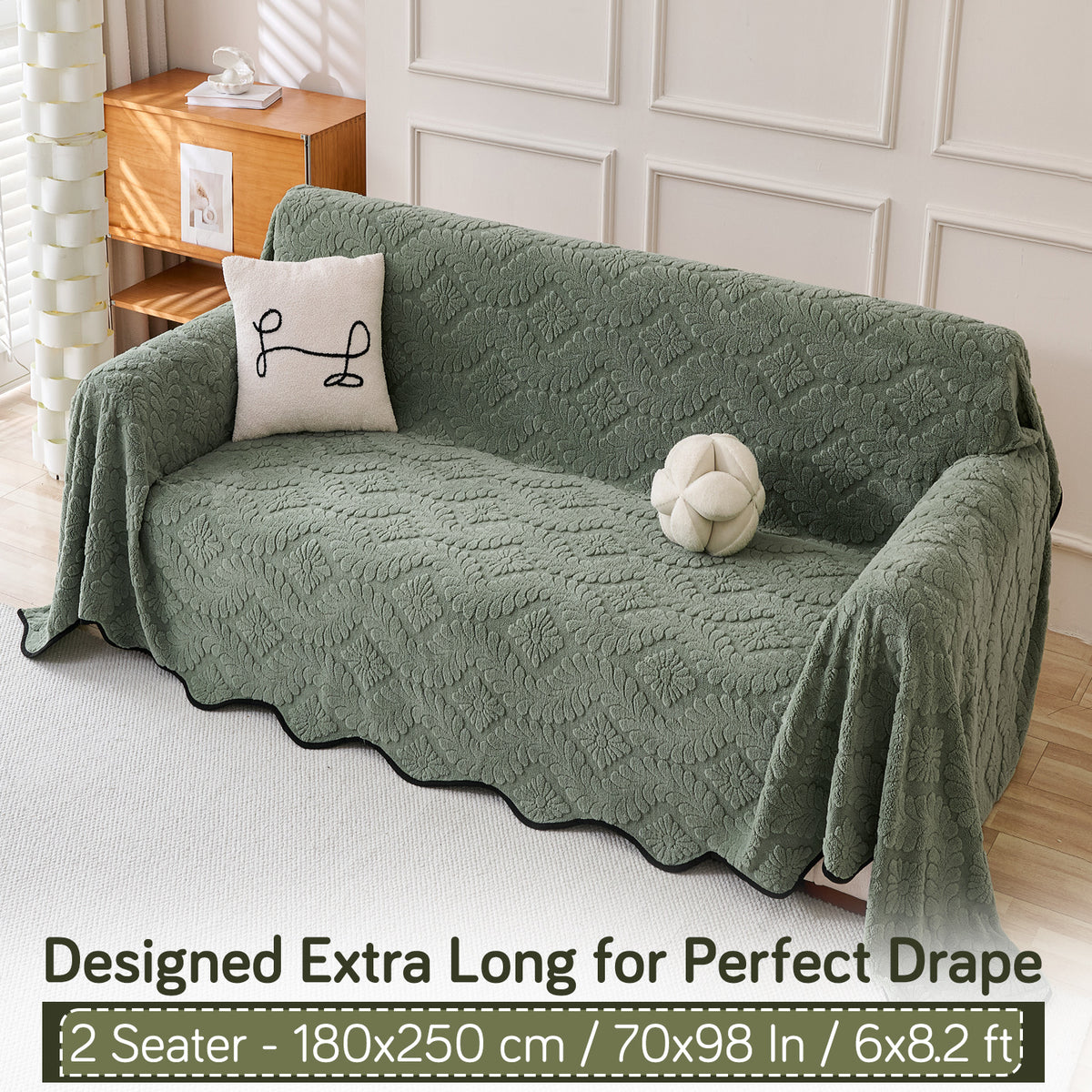 Buy Sage Green Colour Wavy Petal Crest Series Plush Sofa Throw – 2 Seater Sofas | HOKIPO