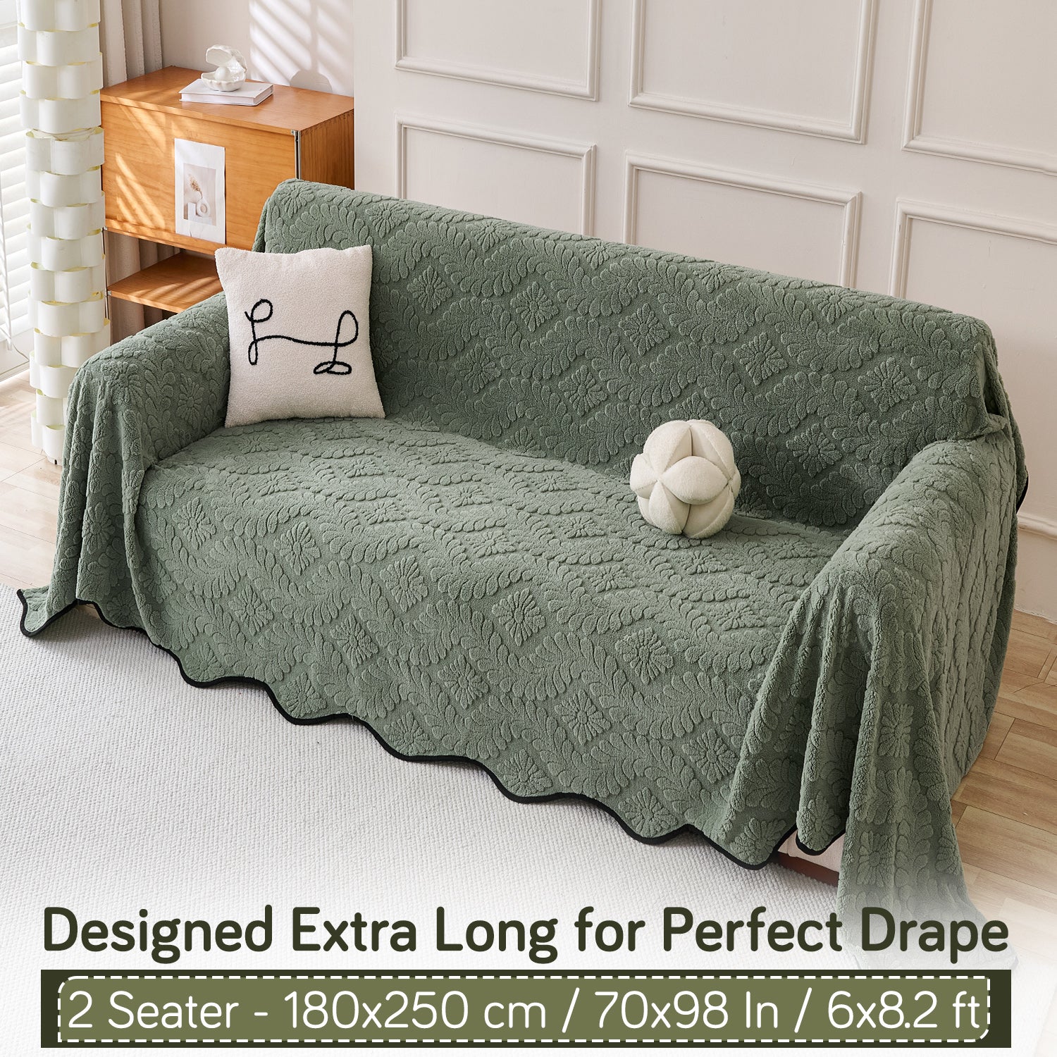 Buy Sage Green Colour Wavy Petal Crest Series Plush Sofa Throw – 2 Seater Sofas | HOKIPO