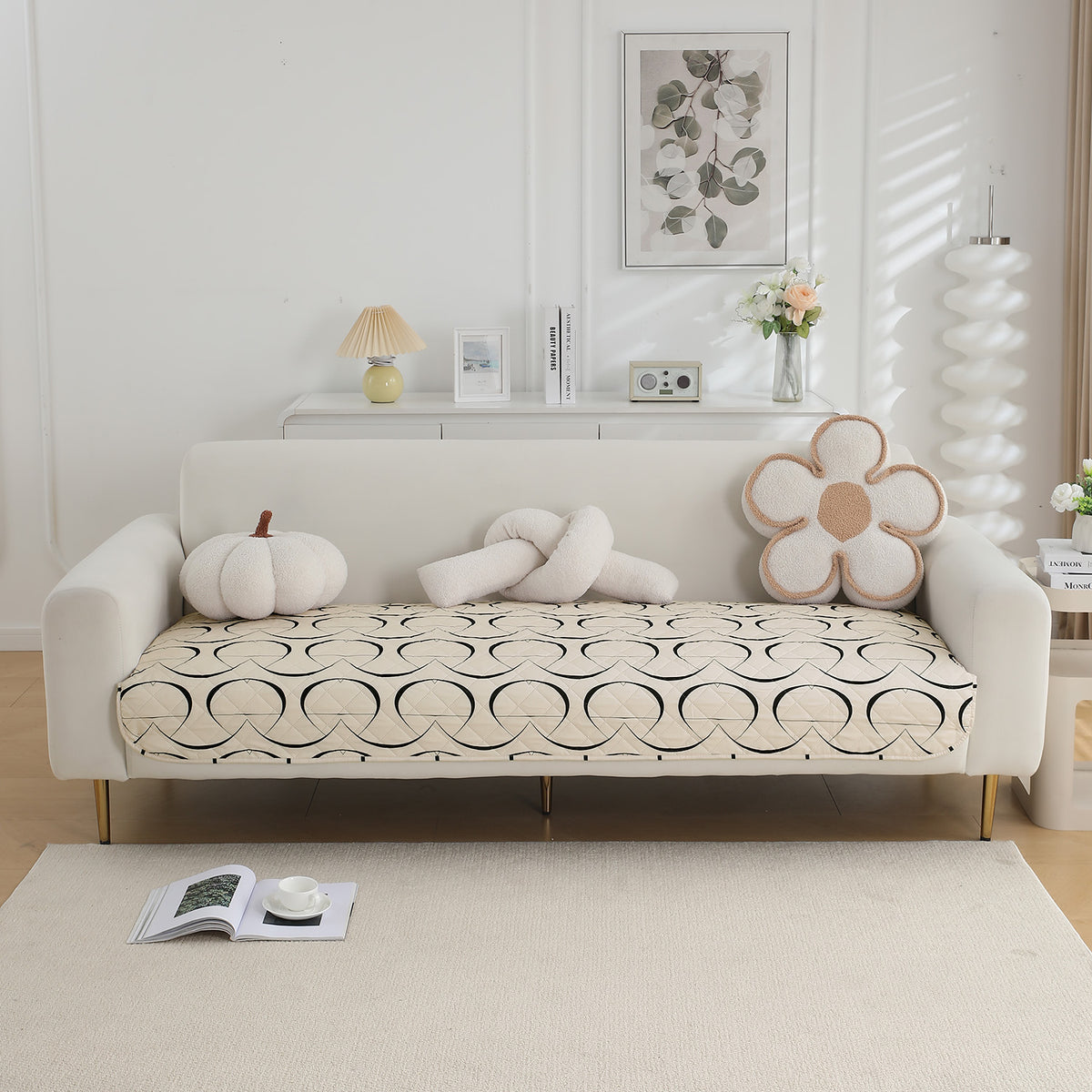 Water Repellent + Waterproof Quilted Sofa Mats, Natural Beige Abstract Art