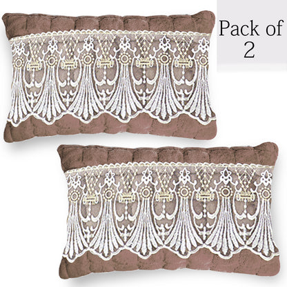 Premium Milk Velvet Sofa Cushion Cover with Lace Design, Mocha Brown