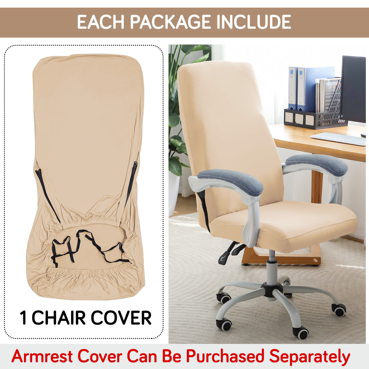 Office Chair Cover for Executive Chair (High-Back) – 140 GSM Stretch Fabric – Washable, Durable & Anti-Slip – Fits High-Back Office Chairs, Beige