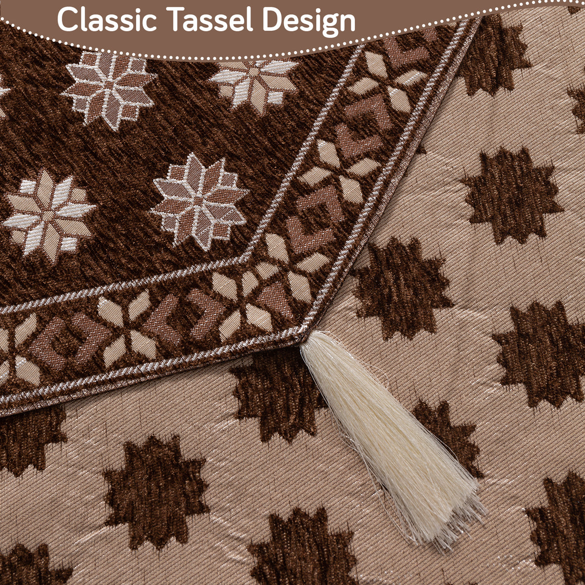 Heritage Weave Premium Jacquard Sofa Cover Set with Tassels - Russet Brown
