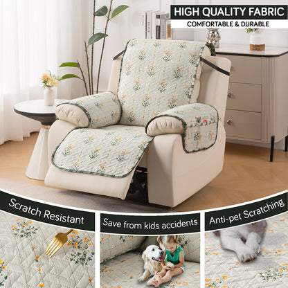 Quilted Cover for Recliner Sofa with SecureFit Belt & Side Pocket, Light Green Ash Gypsy Flower