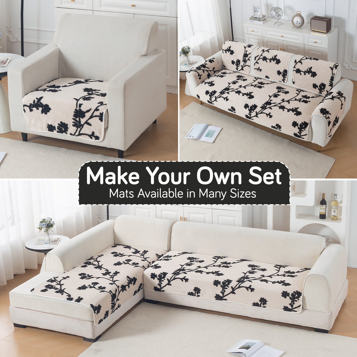 Luxury Plush Sherpa Anti-Slip Sofa Cover Mat, 'Noirea Series'| Botanical Vine