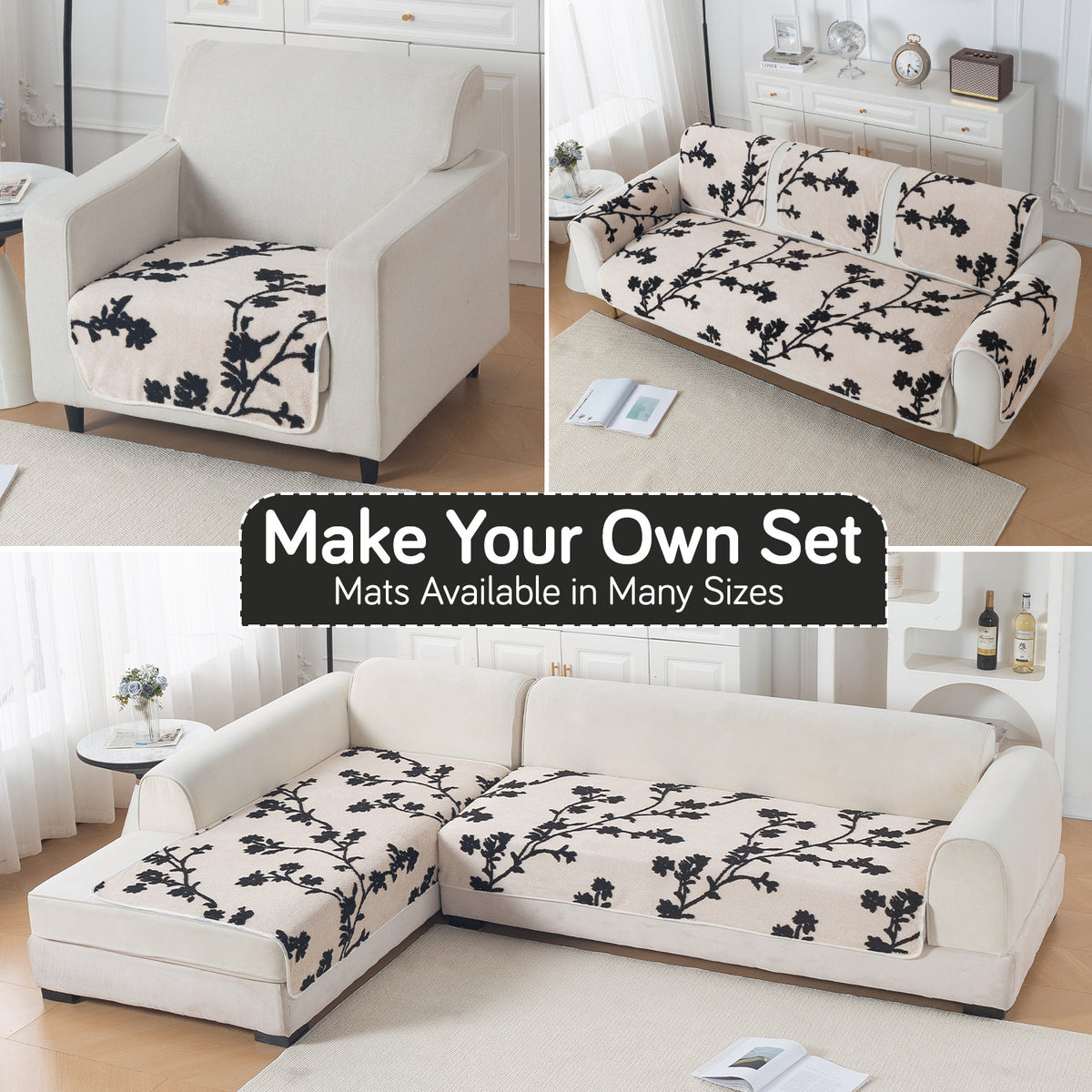 Luxury Plush Sherpa Anti-Slip Sofa Cover Mat, 'Noirea Series'| Botanical Vine