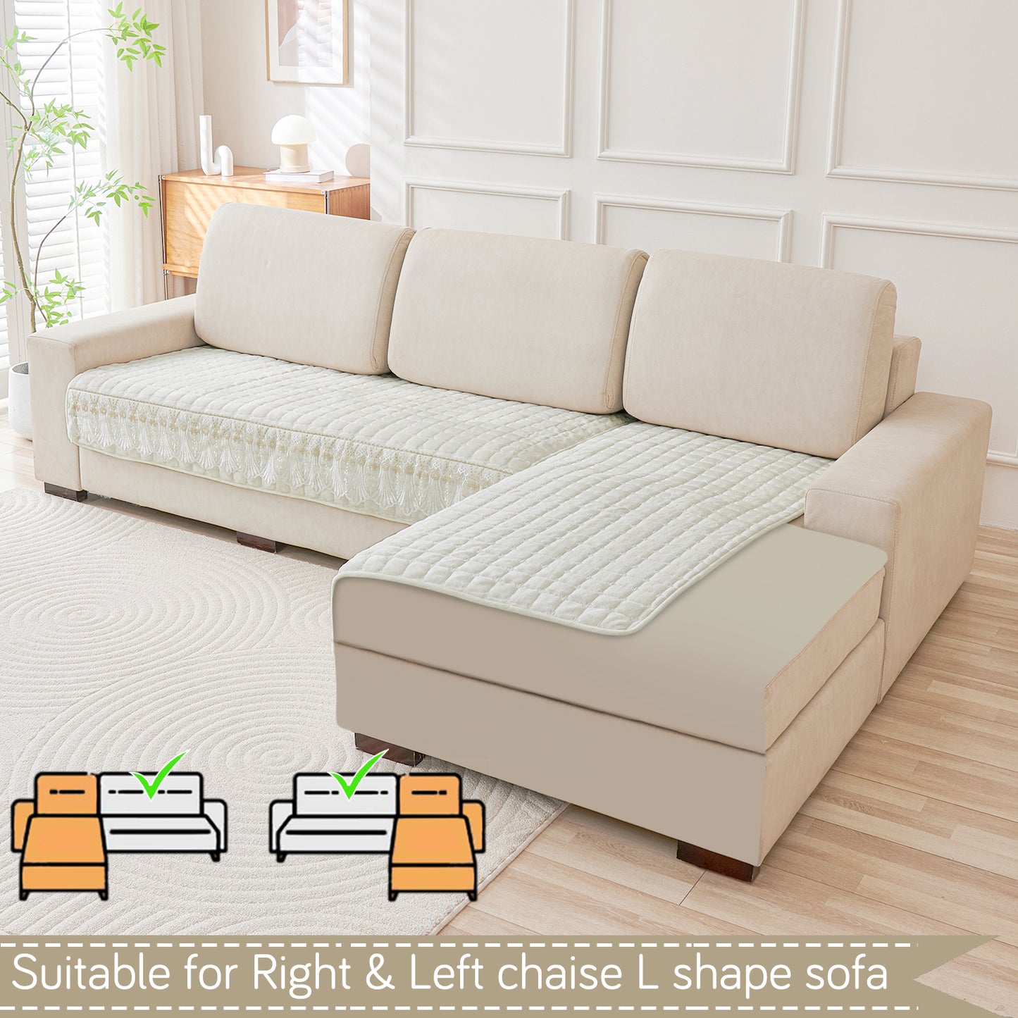 BelleLace Series Imperial Milk Velvet L Shape Sofa Cover Mat with Lace Design - Pearl White