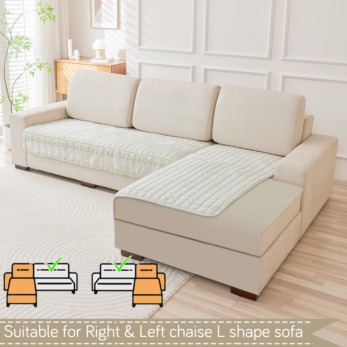 BelleLace Series Imperial Milk Velvet L Shape Sofa Cover Mat with Lace Design - Pearl White