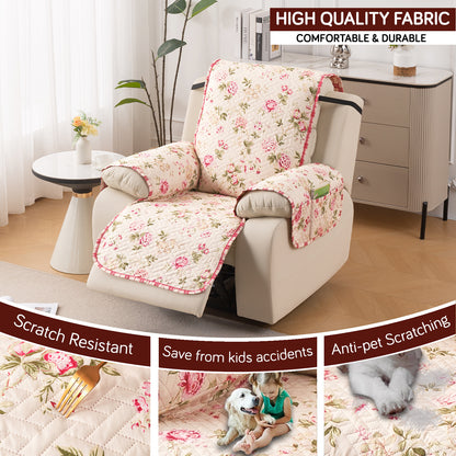 Quilted Cover for Recliner Sofa with SecureFit Belt & Side Pocket, Beige Peonies