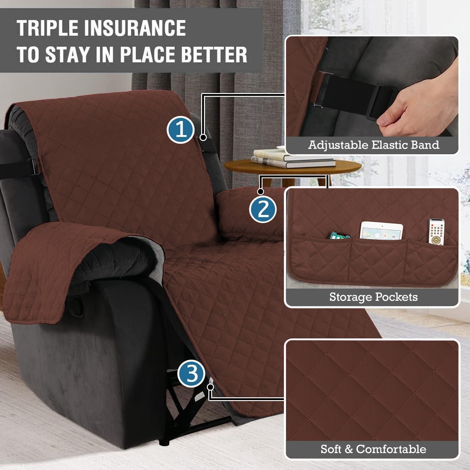 Waterproof Quilted Recliner Sofa Mat for One Seater Recliner Sofa, Dark Brown