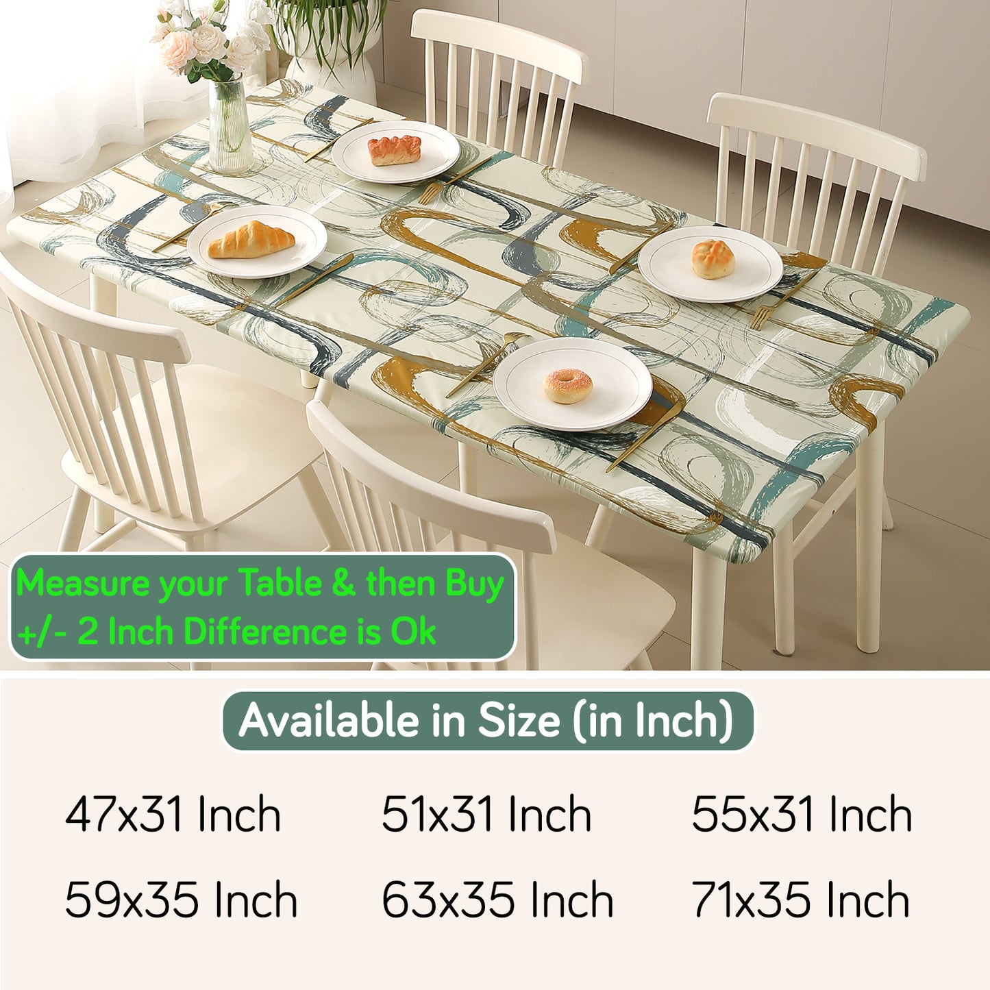 Printed Stretch Fit Water-Repellent & Anti-Slip Table Cloth Cover for 4 Seater / 6 Seater, Parchement Beige Abstract Art