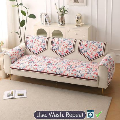 Florentina Series Printed Holland Velvet Sofa Mat - Scarlet Rose Ivory