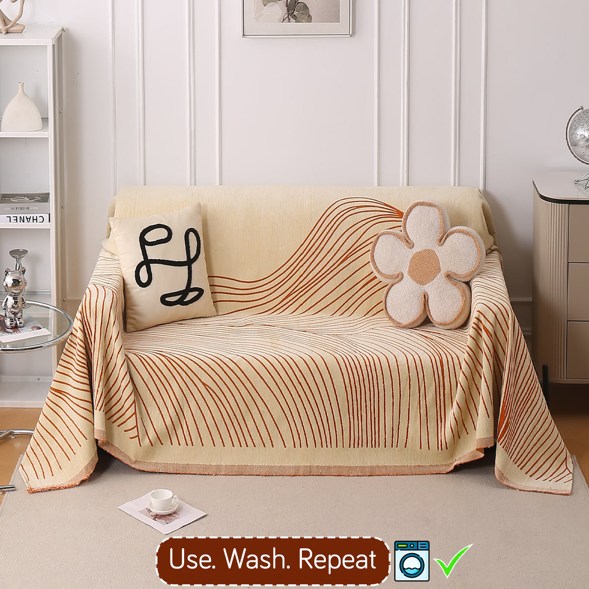 Buy Orange Colour WaveLoom Chenille Two Seater Sofa Throw | HOKIPO