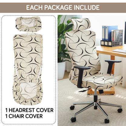 Printed Office Chair Cover with Headrest (High-Back) – 140 GSM Stretch Fabric – Washable, Anti-Slip Fit for Ergonomic Mesh Office Chairs, Natural Beige Abstract Art