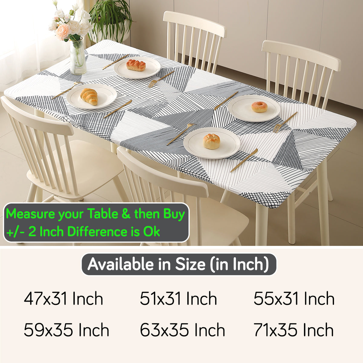 Buy Snow White Black Geometry Printed Dining Tables Cover 4 & 6 Seaters with Multiple Sizes for Dining tables