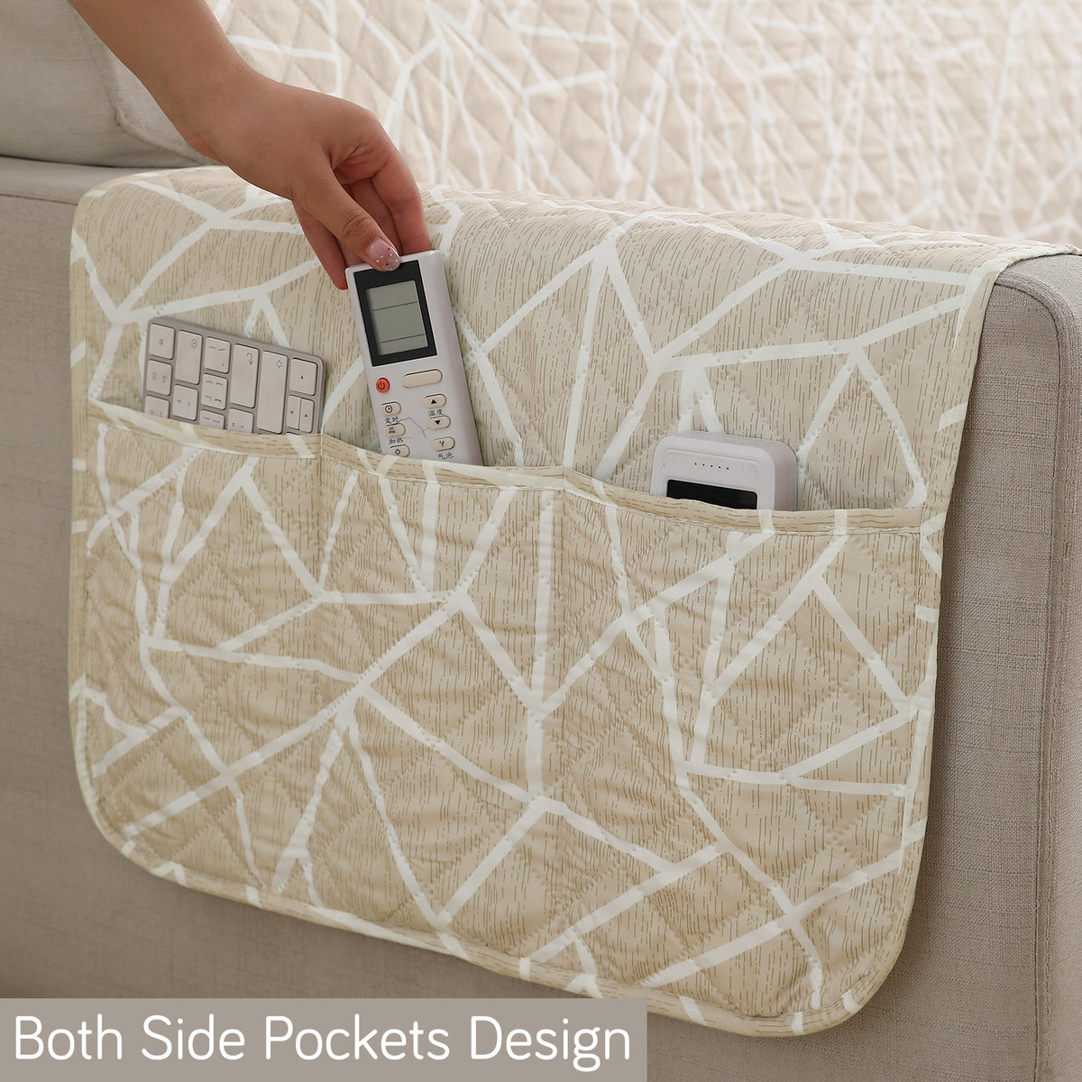 Waterproof & Quick-Dry Quilted Sofa Cover with Pockets on Armrest, Beige Abstract Geometry