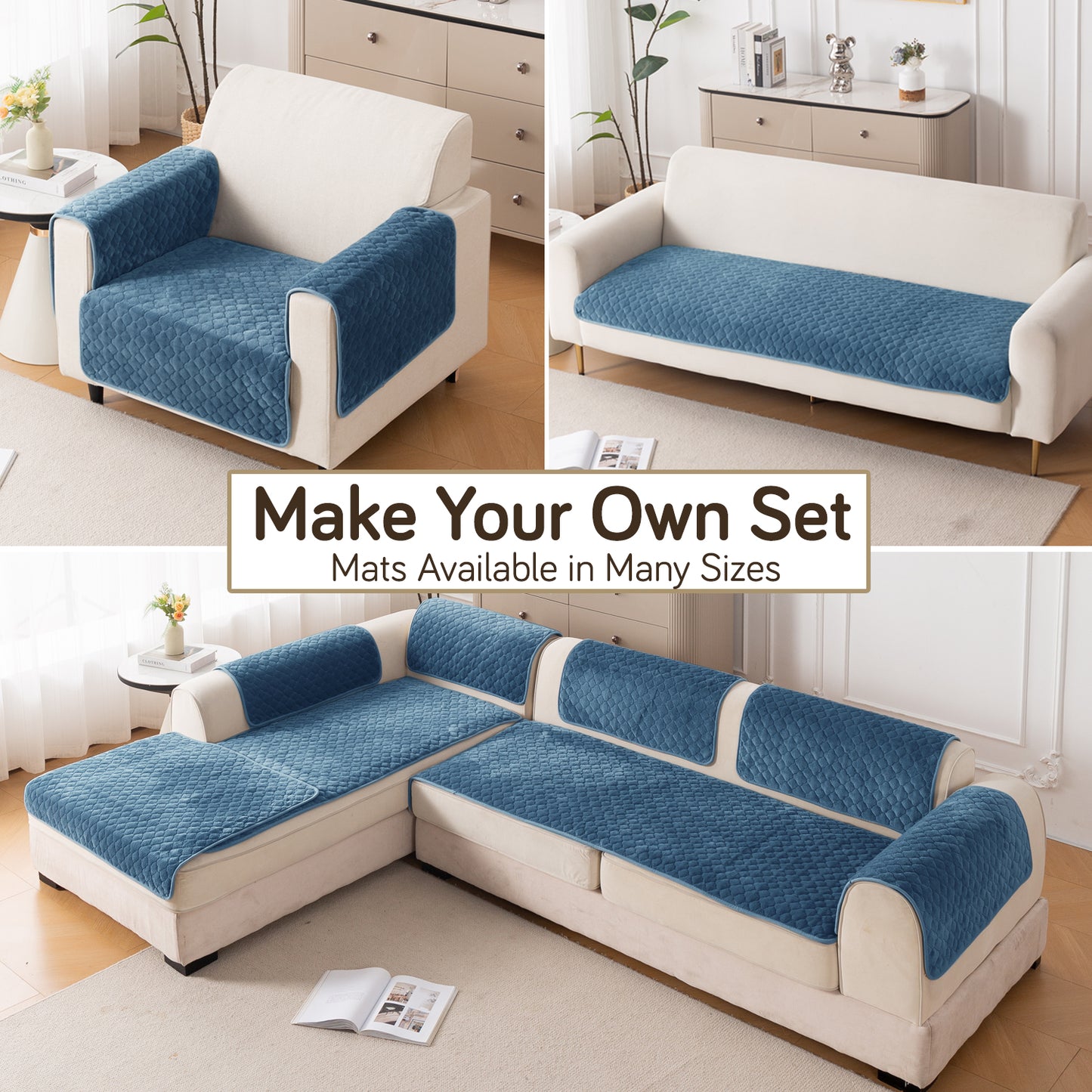 Diamond Plush Pebble Quilted Sofa Cover Mat, Blue