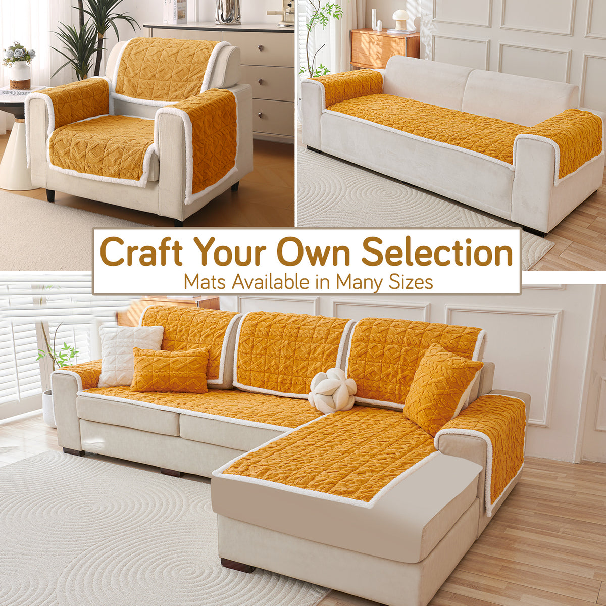 'Italian Caelora' Luxury Jacquard Plush Anti-Slip Sofa Cover Mat - Honey Yellow